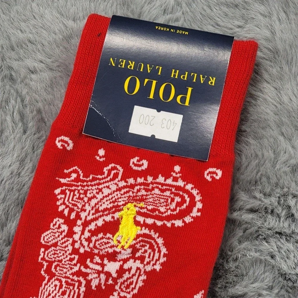 Polo Ralph Lauren Socks Mens 10-13 Red Paisley Pony Mid Calf Crew Cotton